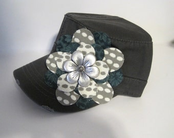 Grey Cadet Military Distressed Petal Hat with a Turquoise Grey Ivory Flower Choose your embellishment