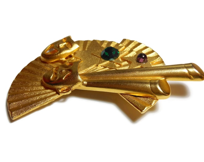 Theatre masks brooch, large statement pin, comedy and tragedy masks, stars on fan, glass and rhinestone embellishments, gold plated, theater