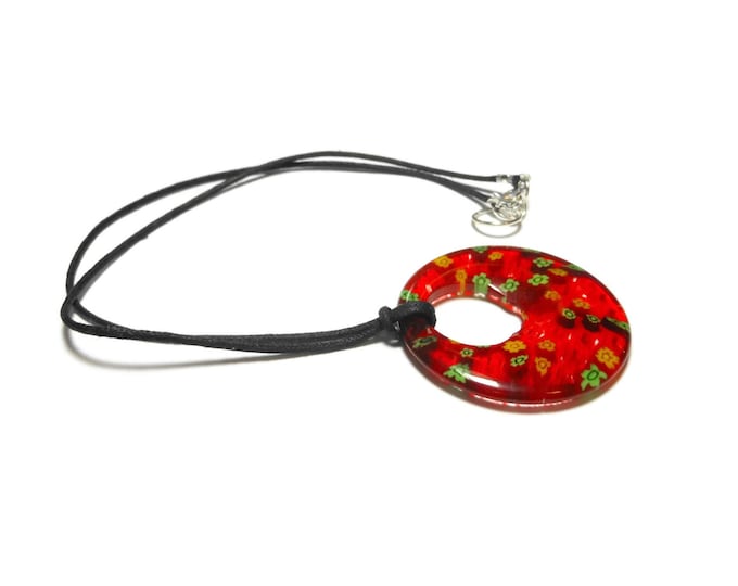 FREE SHIPPING Millefiori glass pendant, 40mm round red, yellow and green flowers, round go-go on black cord, silver plated findings