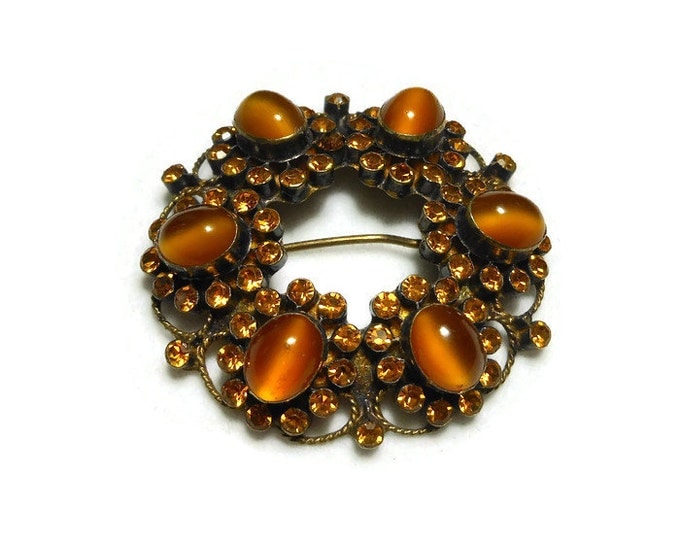 FREE SHIPPING Antique rhinestone brooch, Victorian circle pin, amber prong set rhinestones, bezel set amber art glass cabochons, brass