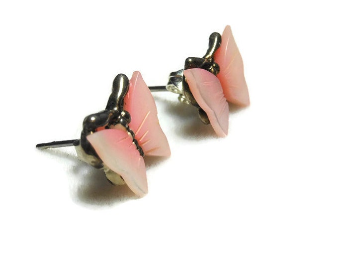 Pink butterfly earrings, small mother of pearl (MOP) pink stud earrings, post earrings, pierced, silver tone