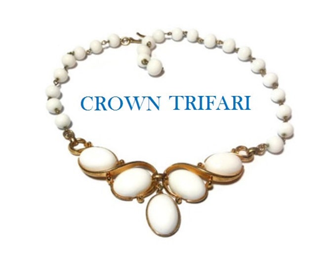 Crown Trifari necklace white milk glass beads with Lucite center pieces seen in 1955 Life Magazine, wedding perfect