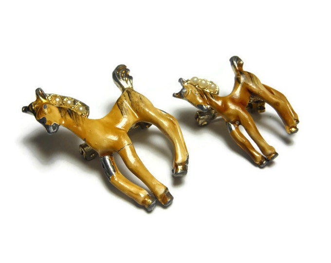 FREE SHIPPING Chestnut horse brooches, mother horse & foul horses, glossy enamel, seed pearls in mane gold trim black highlights small