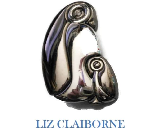 FREE SHIPPING Liz Claiborne penguin brooch, signed gunmetal grey shiny mother and child penguins, rhinestone eye in mother, stylized pin