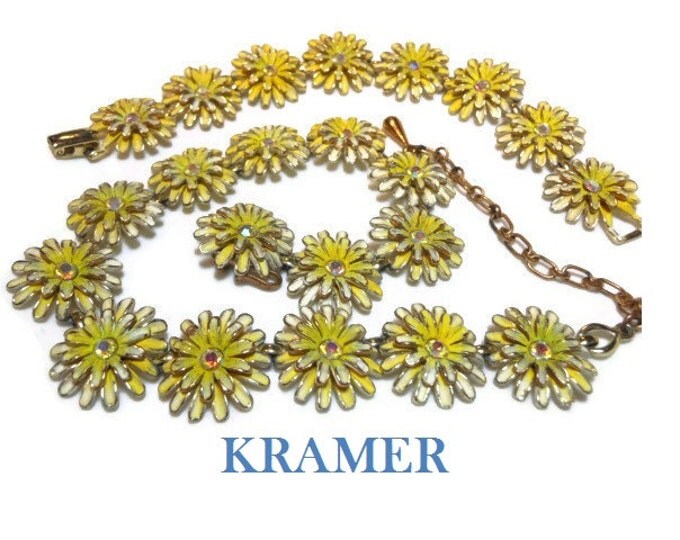 FREE SHIPPING Kramer floral choker bracelet set, yellow with aurora borealis AB rhinestone centers, 1950s gold tone