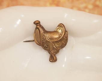 Vintage Saddle Hat Pin / Lapel Pin - Embossed Brass Pin - Simple Pin Back - No Clasp - 5/8" width