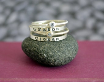 Mother's Birthstone and Skinny Name Ring Stacking Set in Sterling Silver, Stacking birthstone rings, Stacking name rings