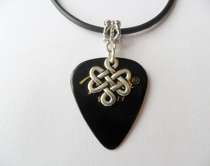 Black Guitar pick necklace with Celtic Knot charm that is adjustable from 18" to 20"
