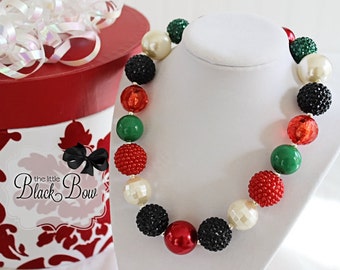PINE CONES Christmas Chunky Necklace, Red Black Green & Ivory Beads Child, Toddler or Baby Size Bubblegum Gumball Girls Beaded Necklace