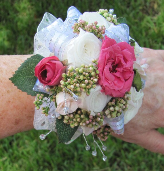 Corsage Bracelet pretty Pink and White Mix by flowerfilledweddings