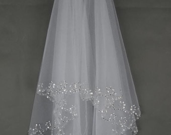 Sequin and bead edge elbow length wedding veil, diamond white or white, two tier, cheap, with attached comb