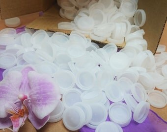 450 Water Bottle Caps, Clear White Frost Plastic Bottle Caps, Plastic Cap Lot, Upcycle Craft Art Mixed Media Jewelry Collage Mosaic Supplies