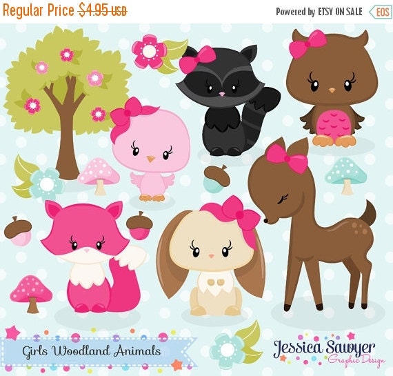 80% OFF - INSTANT DOWNLOAD, girls woodland animals clipart, forest clip art, for personal use, commercial use, party supply, scrapbooking Il_570xn