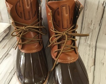 Monogrammed Duck Boots Two Tone Brown Women's Personalized