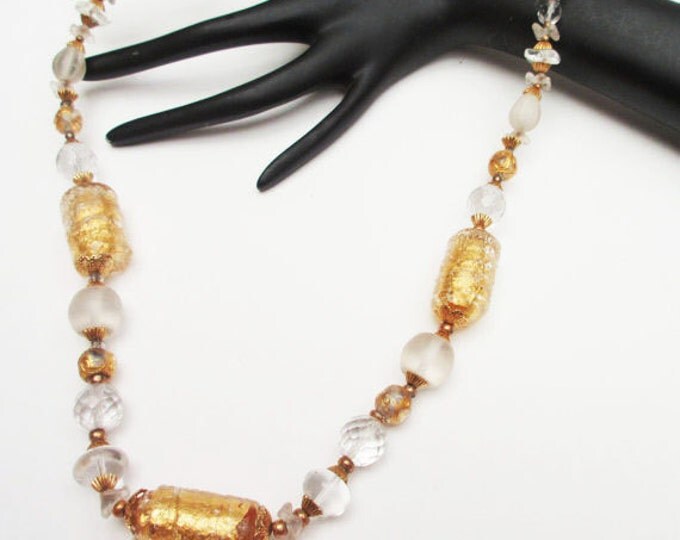 Crystal bead necklace - Gold clear and frosted crystal - Art glass beads
