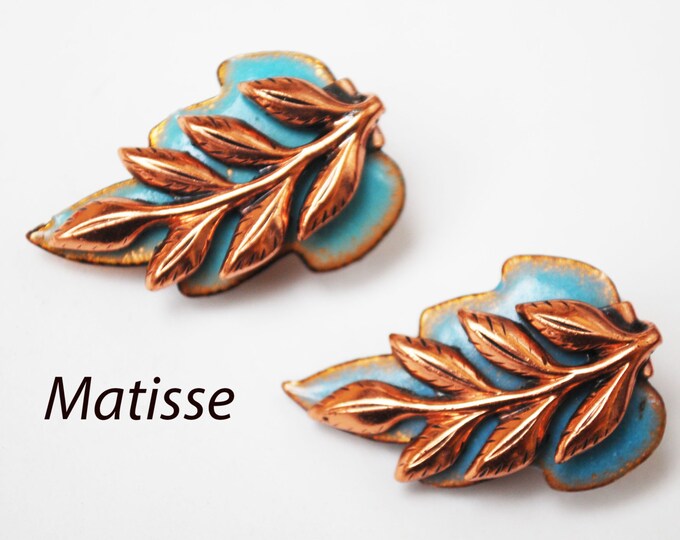 Copper Leaf Earrings - Blue Enamel and Copper Leaf - Signed Matisse -Mid Century - Laurel Leaf