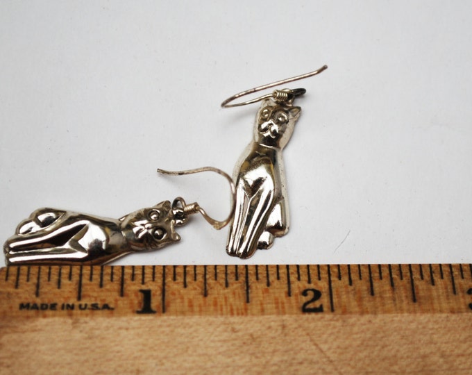 Sterling Silver Cat earrings dangle drop pierced