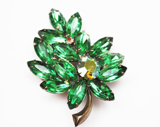 Flower Brooch - Green Rhinestone - Leaf floral - Mid Century Pin