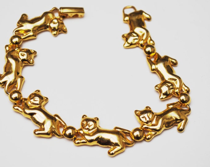 Cat Link Bracelet - signed Avon - Gold cats golden kittens bangle