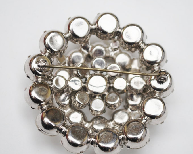 Juliana Statement - Brooch Large Atomic Pin - Clear Ice Rhinestone - domed layered Mid Century Snow flake 2 1/8 inch