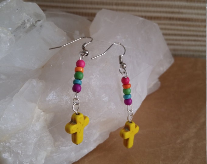SALE Cross Earrings - Bright Colored Cross Earrings, Faith Jewelry, Colorful, rainbow #196