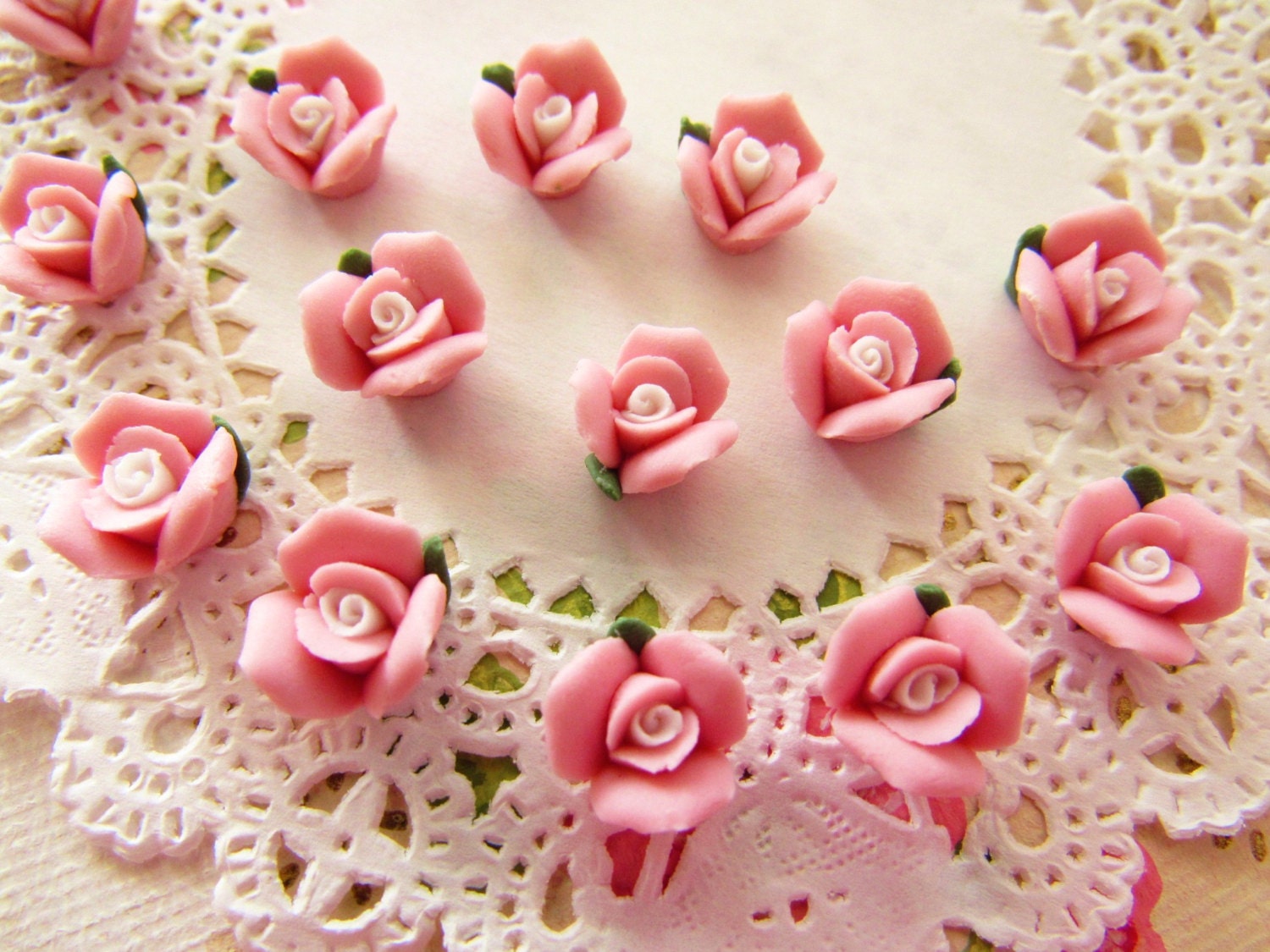 Vintage Pink Rose Bisque Porcelain Cabochons Ceramic Flowers