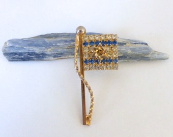Vintage 1960's Rhinestone Crystal Israel Flag Gold Pin with Star of David