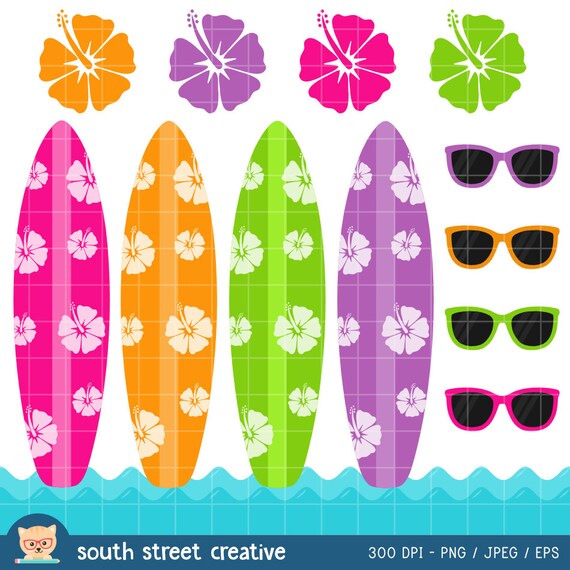 Surfing, Surf Board, Summer, Hibiscus Flower Cute Clipart, Vector