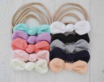 FLASH SALE- set of 10 knot bows on nylon headbands, one size fits all nylon headband, baby hair bow, newborn headband, toddler headband