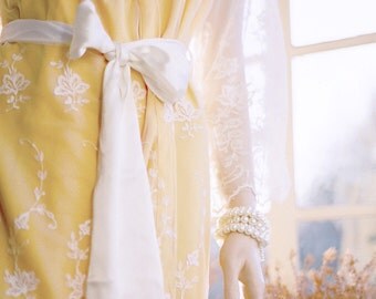 Buttercup. One of a kind. READY TO SHIP. Lace cotton knee length kimono robe or dressing gown in Medium. Lined.