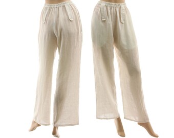 Long white pants linen cotton, wide legs pants, lagenlook summer beach pants white linen cotton for small to medium size S-M, US size 6-10