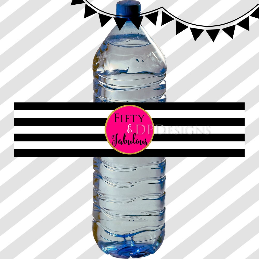 50 and Fabulous Water Bottle Wrappers Labels Black White