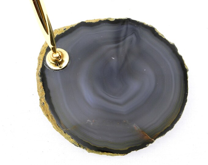 Vintage French Blue Veined Agate Onyx Nodule Stone Slab Pen Holder, Retro Mid Century Office Decor, Semi Precious Rock Desk Tidy,