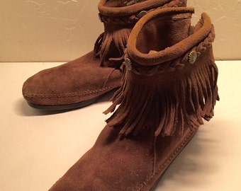 Items similar to Tall Minnetonka Fringe Moccasin Boots in Brown Suede ...