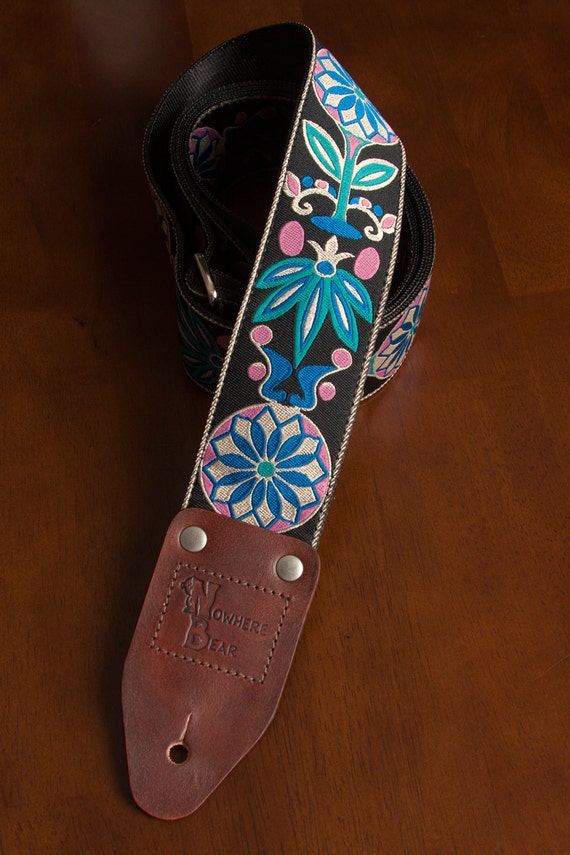 Pink/Turquoise Floral Guitar Strap by nowherebearstraps on Etsy
