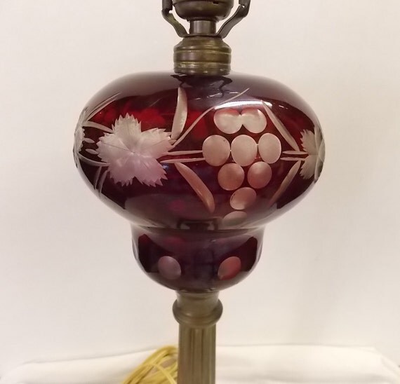 Rare Antique Etched Cranberry Glass Converted Oil Lamp 1260