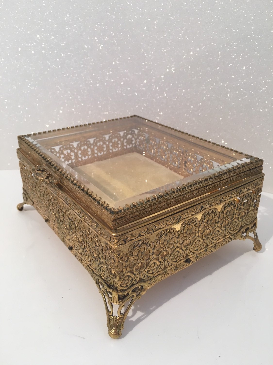 Vintage Filigree Jewelry Box 1950s Beveled Glass Jewelry