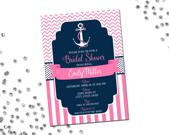Nautical Bridal Shower Invitation - Nautical Bridal Shower - Pink and Navy Blue - Stripes and Chevron Stripes - Printable Il_570xn