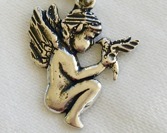 Sterling Cherub Necklace, Angel and Bird Pendant, 12" Chain, Guardian Angel, Cherub Jewelry, Little Girl Necklace