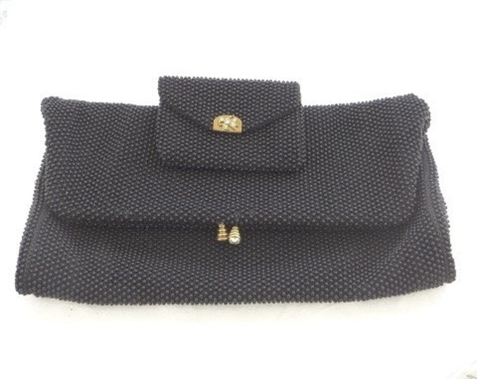 Vintage Beaded Handbag Petite Bead with Change Purse Lumured Micro Bead Bag Black Rhinestone Clasp