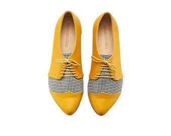 Yellow Pepita oxford leather shoes / Polly Jean flat leather women shoes