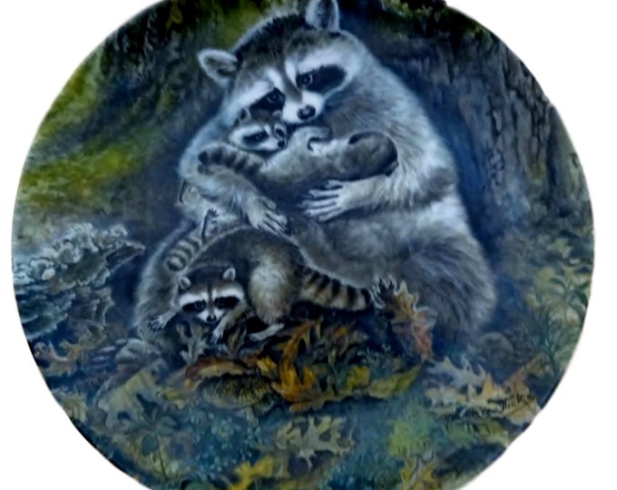 Raccoons Wall Plate, Woodland Raccoon Plate, Protective Embrace, Wildlife Porcelain Plate, Gift For Christmas, Cabin Decor