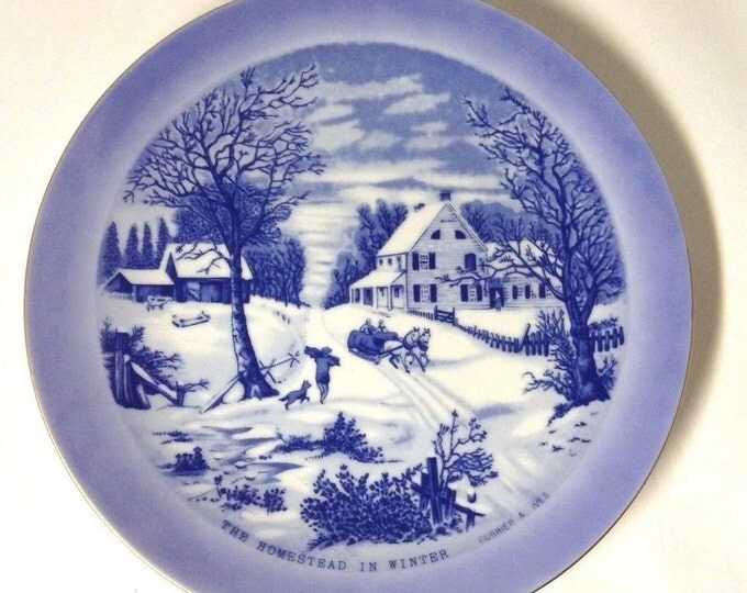 Set of 3 Vintge Currier and Ives Winter Scenes Collectible Plates Porcelain 8 1/2 Inch