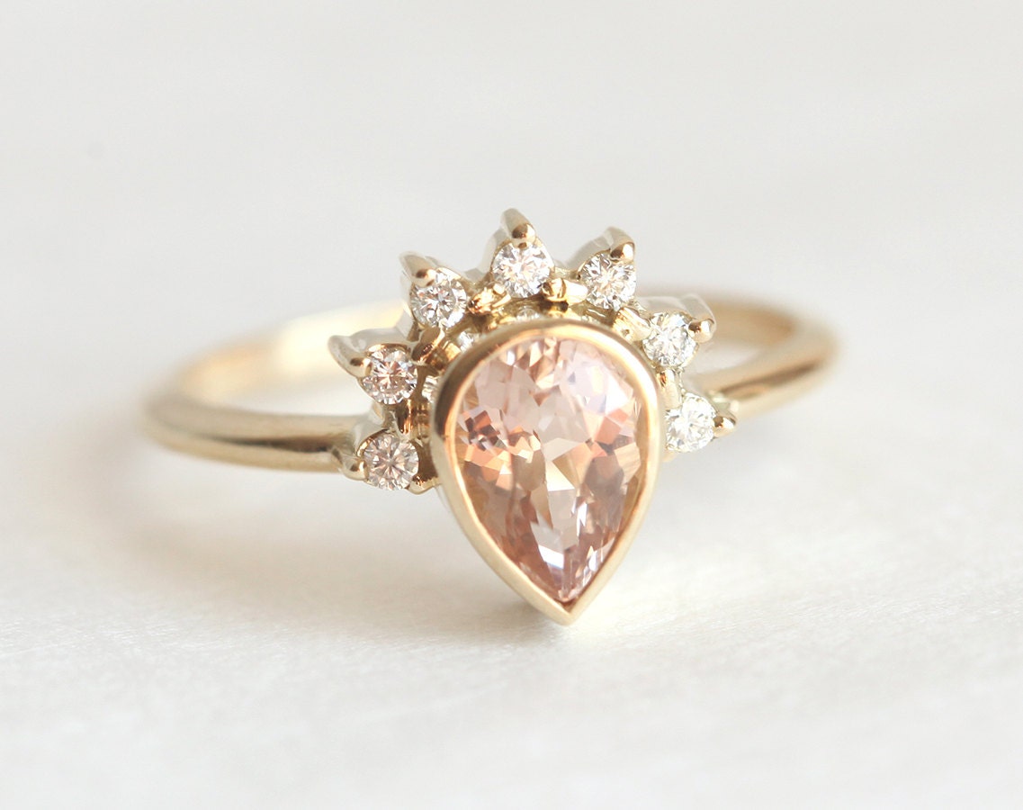 Pear Morganite Engagement Ring Morganite Diamond Crown Ring Pear Morganite Engagement Ring Morganite Diamond Crown Ring