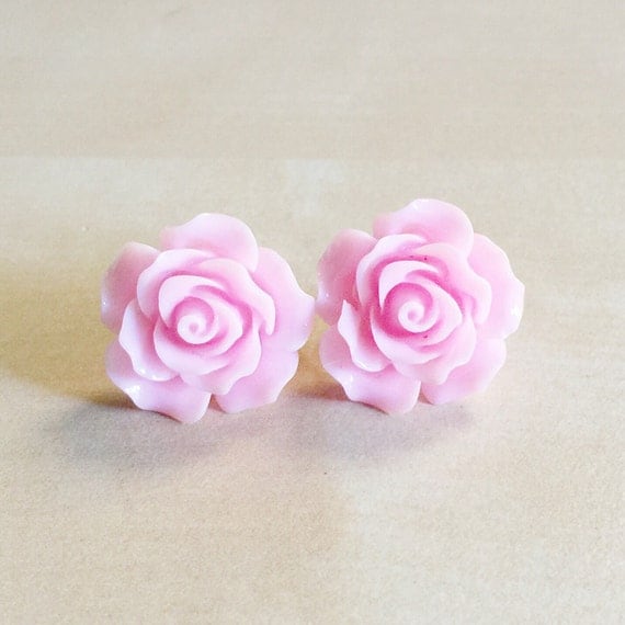 Pink Rose Earrings 20mm Resin Cabochons Silver by BlueButtonBoho