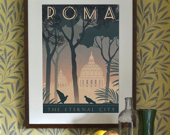 Rome Art Deco Poster Print Vintage Italy Vatican City A3 A2 A1 Retro 1940's Vogue Cityscape Travel Holiday Romantic Bahaus 1930's Roma