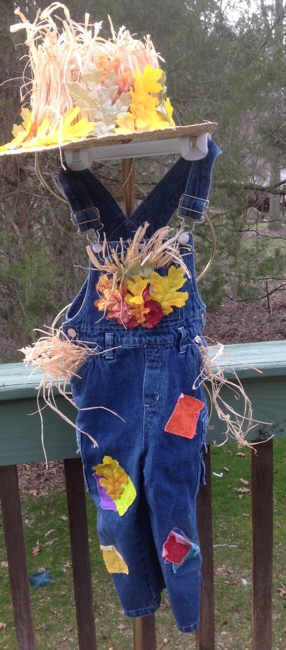 Toddlers Scarecrow Costume Overalls Straw Hat Size 4T