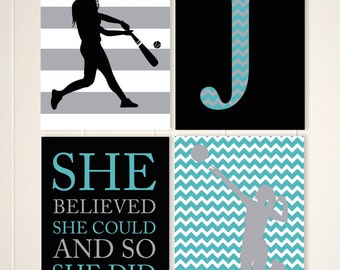 Inspirational sports art, volleyball girl wall art, softball wall art, teen girl wall art, set of 4, choose your colors and sports