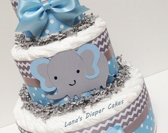 3 Tier Blue And Gray Elephant Diaper Cake, Baby Boy Shower Centerpiece