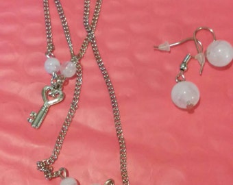 Lock and Key long layered necklace and earring set